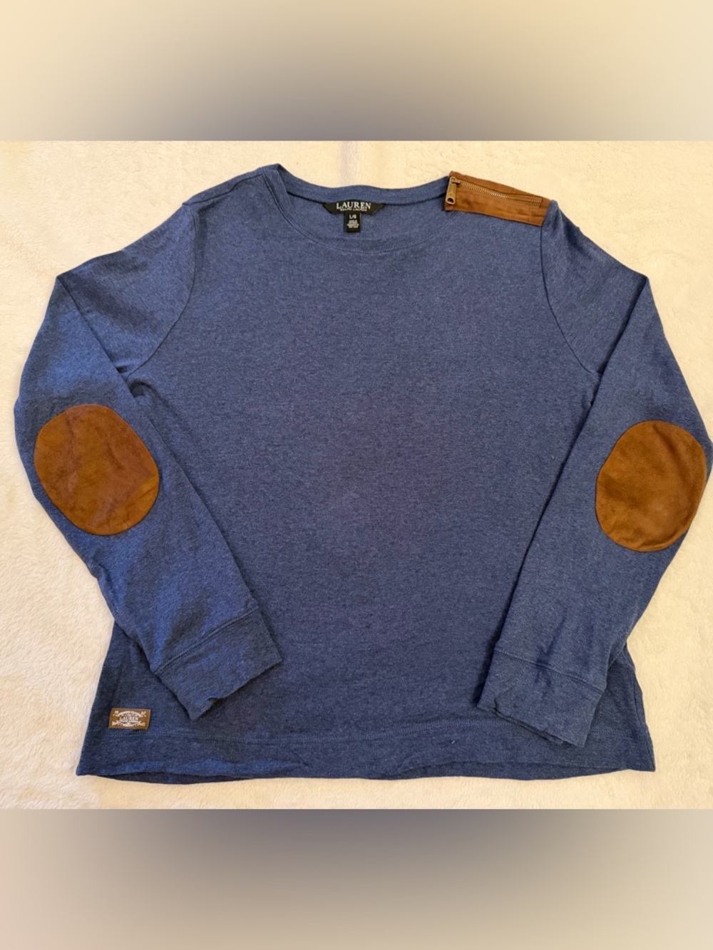 Lauren Ralph Lauren Blue Heather Crewneck Top Faux Suede Elbow Patches Large